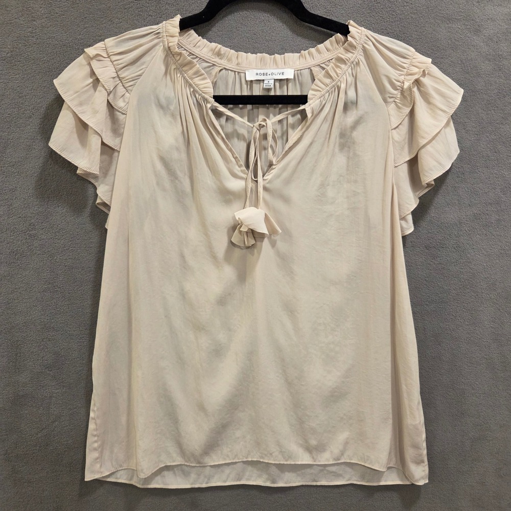 Rose + Olive Beige Ruffle Blouse Women's Small Flutter Sleeve Coquette‎ Romantic